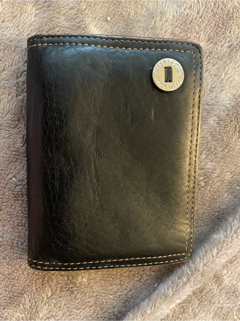 Cole Haan Black Leather Bi-Fold Wallet with Tan Contrast Stitching
